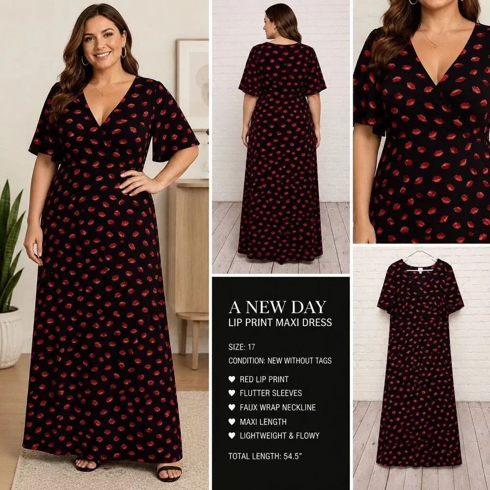 A New Day Lip Print Maxi Dress Size 17 Style NWOT